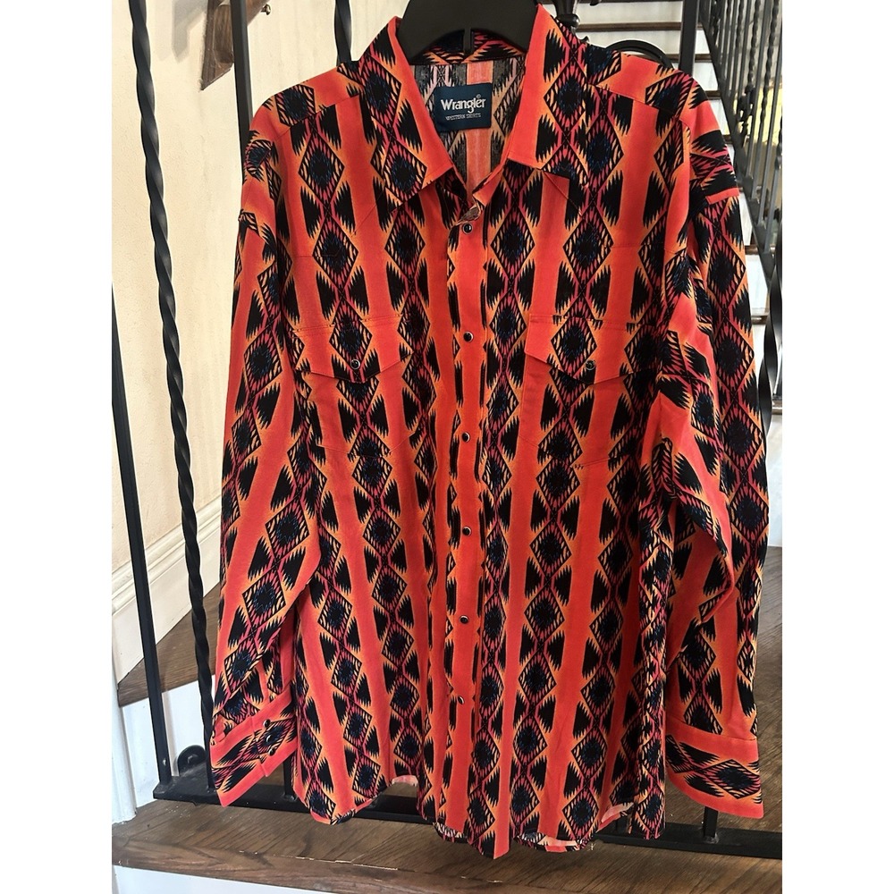 Wrangler Men's XXL Checotah Sunset Orange Aztec Western Pearl Snap Shirt 90s